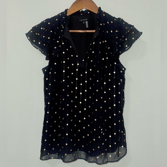 1. State Tie Neck Ruffle Flutter Sleeve Black and Gold Foil Polka Dot Blouse Top - Picture 1 of 3